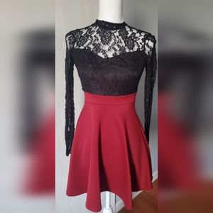 B. Darlin size 0 long-sleeve burgundy with black lace top fit and flare dress
